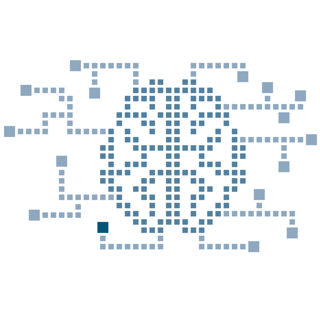 Ein abstraktes Piktogramm, das Künstliche Intelligenz darstellt. Es besteht aus einer Ansammlung kleiner Vierecke, die miteinander verbunden sind, um eine stilisierte Darstellung einer Gehirnstruktur zu bilden. Das Piktogramm symbolisiert die Konzepte der Vernetzung, Mustererkennung und Verarbeitung großer Datenmengen, die charakteristisch für Künstliche Intelligenz sind.